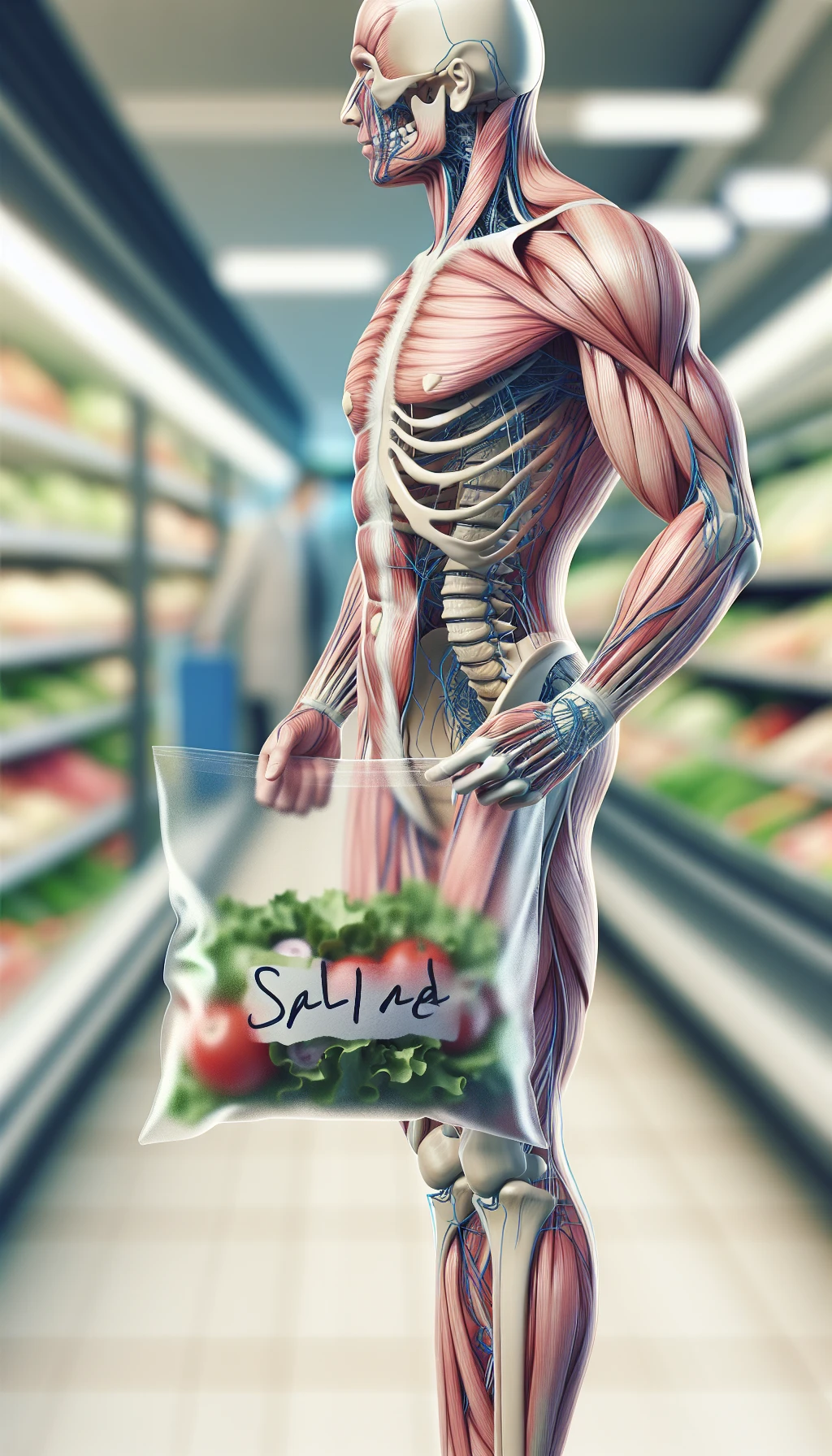 corpo umano anatomico in un supermercato che tiene in mano una busta di insalata di plastica con la scritta "insalata" sul pacco, supermercato sfocato sullo sfondo emoji