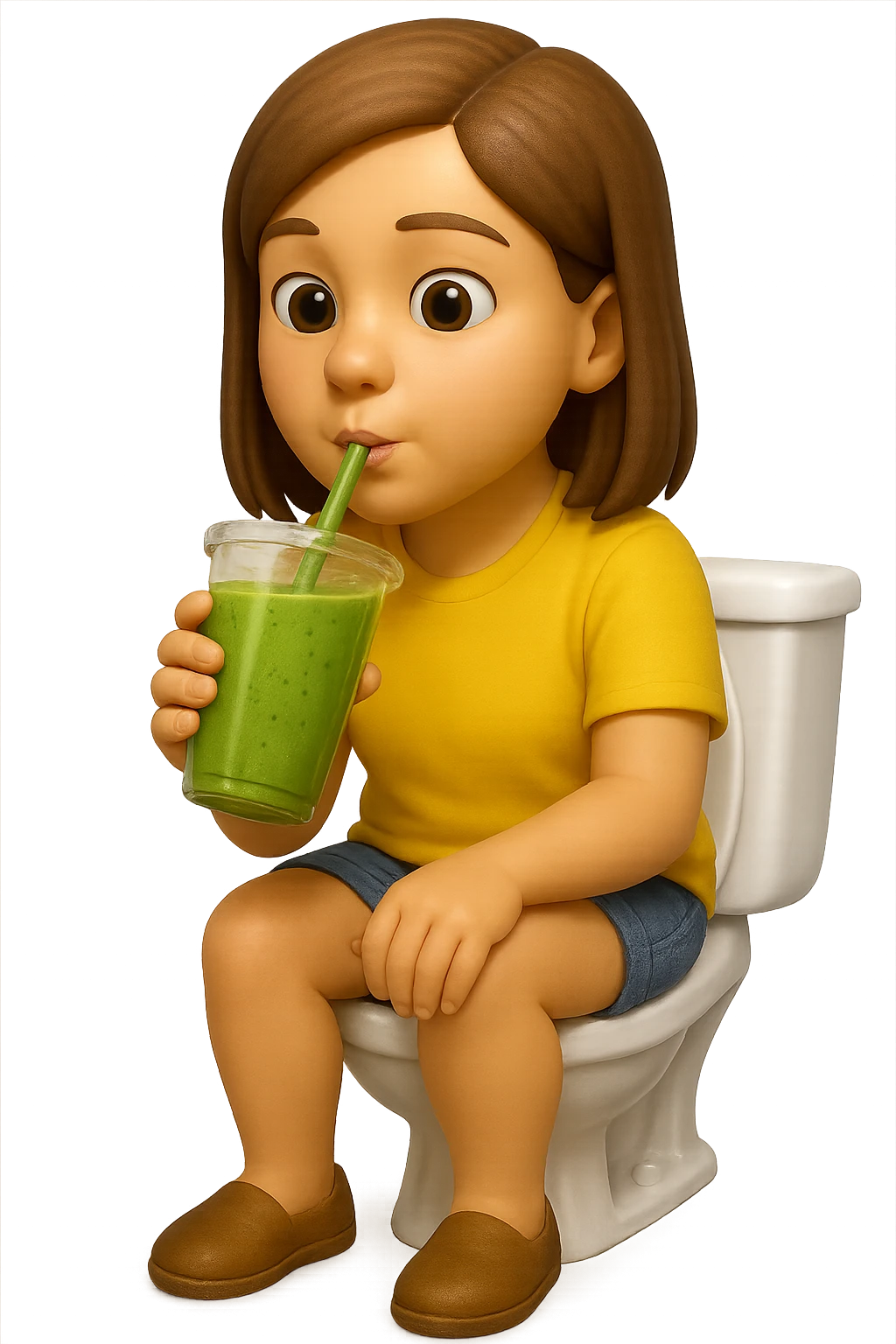 emoji stile iphone di una donna seduta sul wc che beve uno smoothies verde, iperrealistico 4k emoji