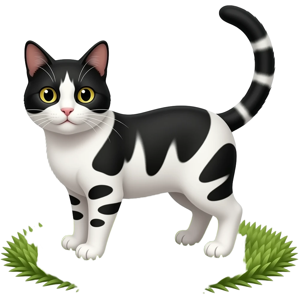 a black and white cat  with stripes on an olive green carpet. emoji