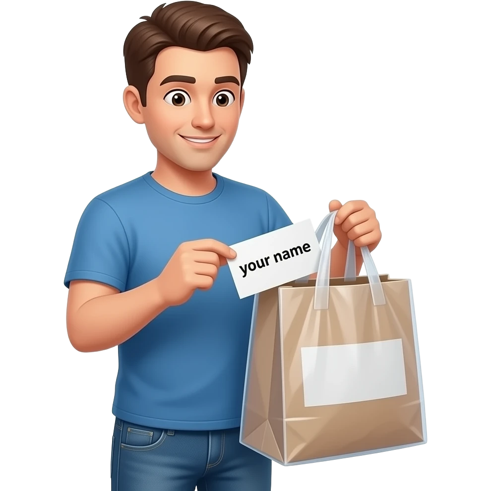 man actively checking name label on plastic shopping bag handle. informally dressed and oversized name label attatched to bag handle says "your name" on it emoji