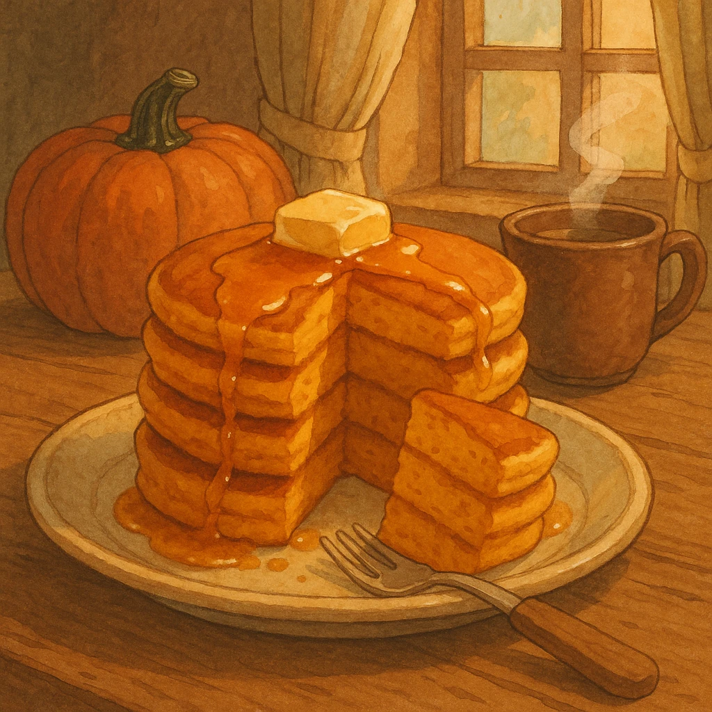 stack of pumpkin pancakes with a piece cut out, cozy emoji