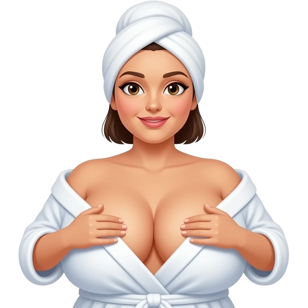 A woman that is in a spa clothing uncovering her enormously large boobs emoji