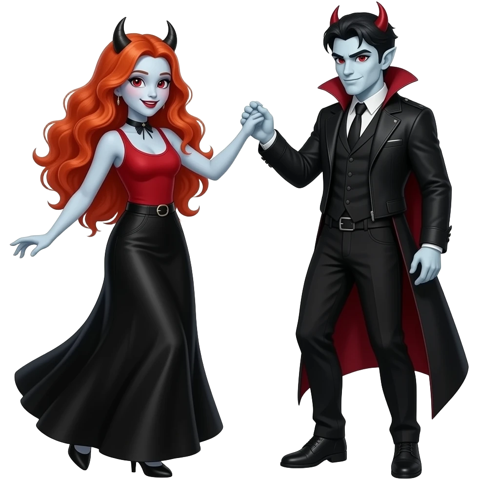 Vampiro femmina adolescente con capelli lunghi rosso fuoco ondulati con pelle bianca con gonna lunga nera e top canottiera rossa che balla con la sua amica VAMPIRA emoji