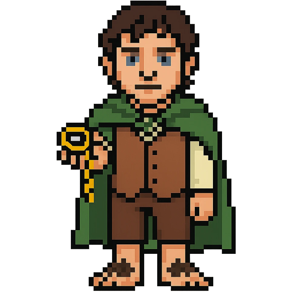Whole body image of Frodo Baggins from the lord of the rings movie in pixel art style. Make Frodo look like the actor that portrayed him in the movie, Elijah Wood, blue eyes and dark curly hair. Frodo is wearing the same green elven cloak with the leaf buckle, brown vest, cream undershirt, dark brown leather short pants, and hairy hobbit feet. He is holding the one ring in the palm of his outstretched hand. the ring is golden yellow and a golden link chain necklace is strung through it. emoji
