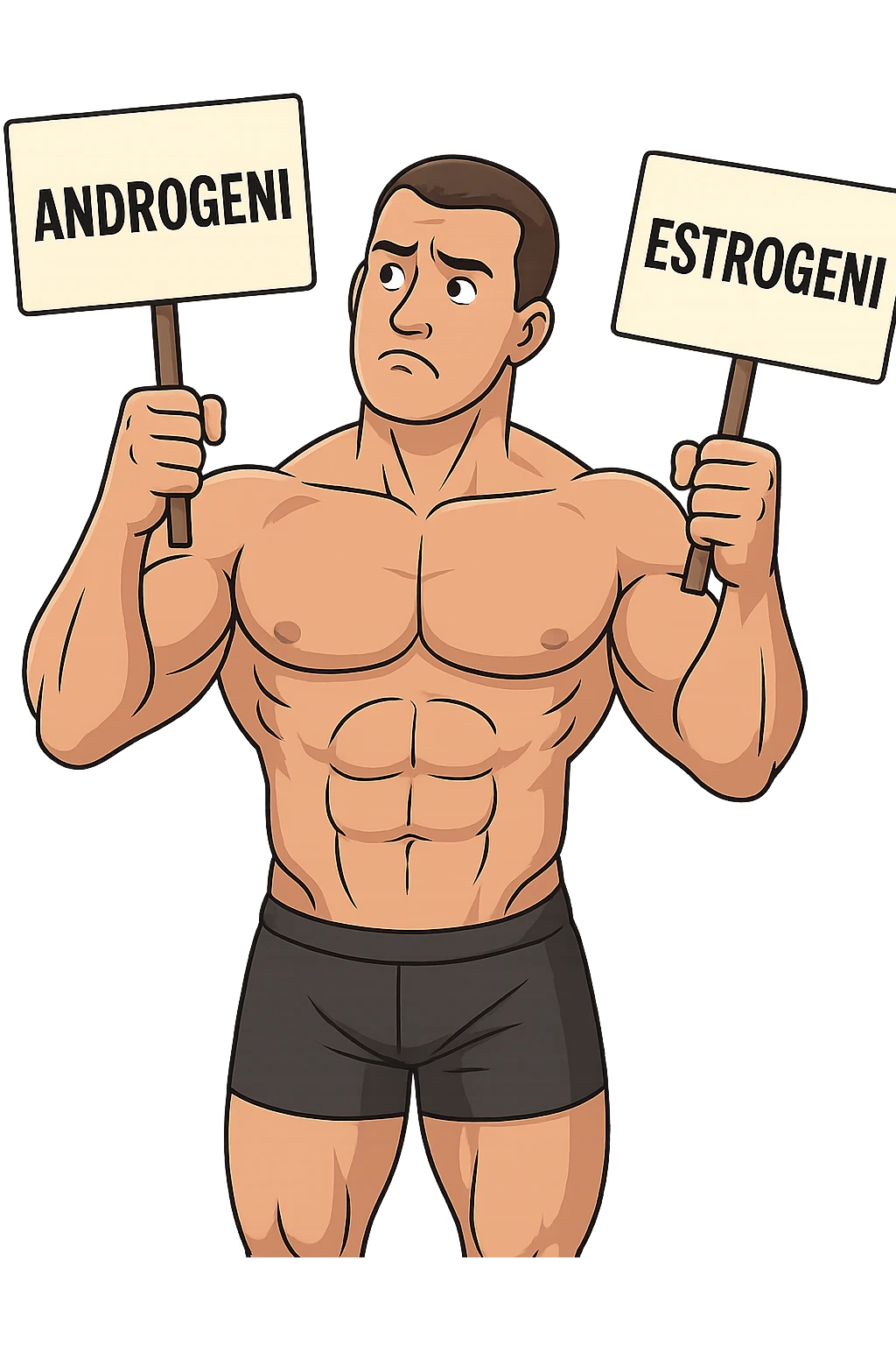 BODYBUILDER CHE TIENE LA SCRITTA "ANDROGENI" NELLA MANO DESTRA E LA SCRITTA "ESTROGENI" NELLA MANO SINISTRA, ESPRESSIONE DUBBIOSA IN VOLTO emoji