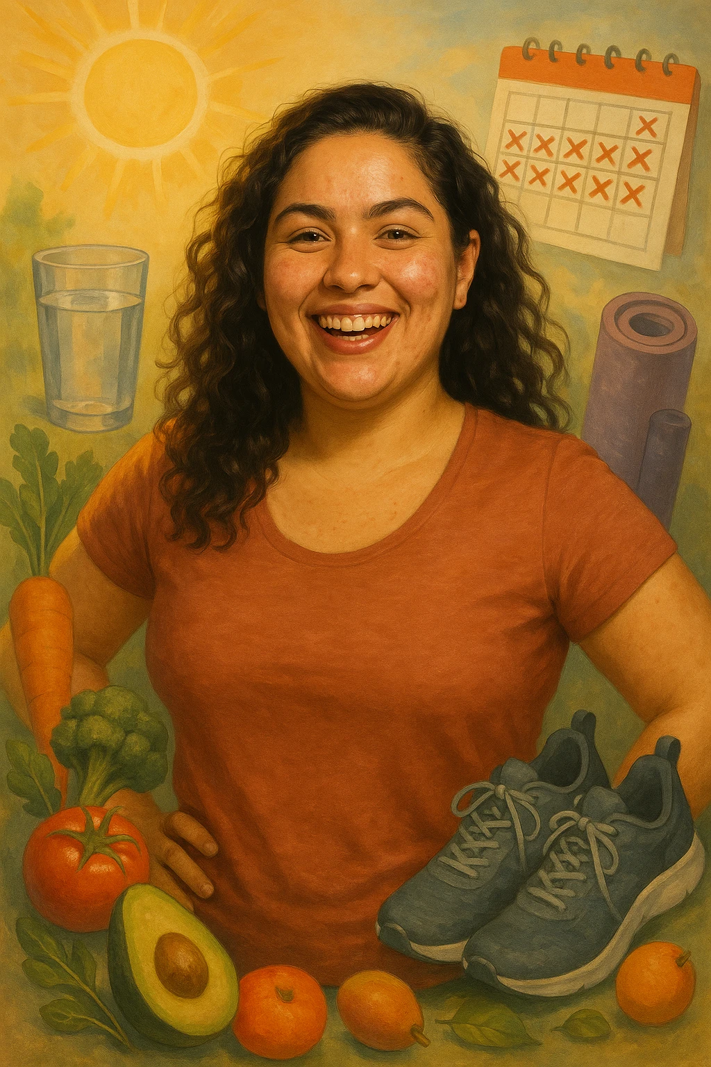 Realistic portrait of a woman with PCOS, healthy and happy appearance, glowing skin, thick hair, energetic posture. Around her, visual references to a healthy lifestyle: healthy food, water, physical activity, sun, calendar with days marked as symptom-free. Realistic details, warm lighting, vertical 2:3, no text. emoji