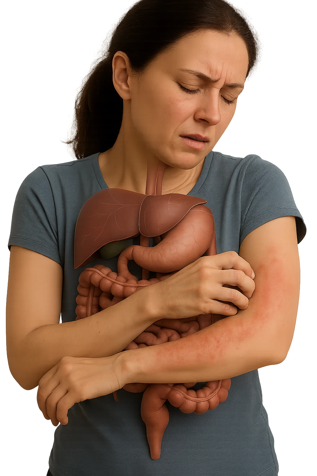 donna con intestino umano anatomico realistico che si gratta il braccio su cui ha un'eritema, iperrealistica 4k emoji
