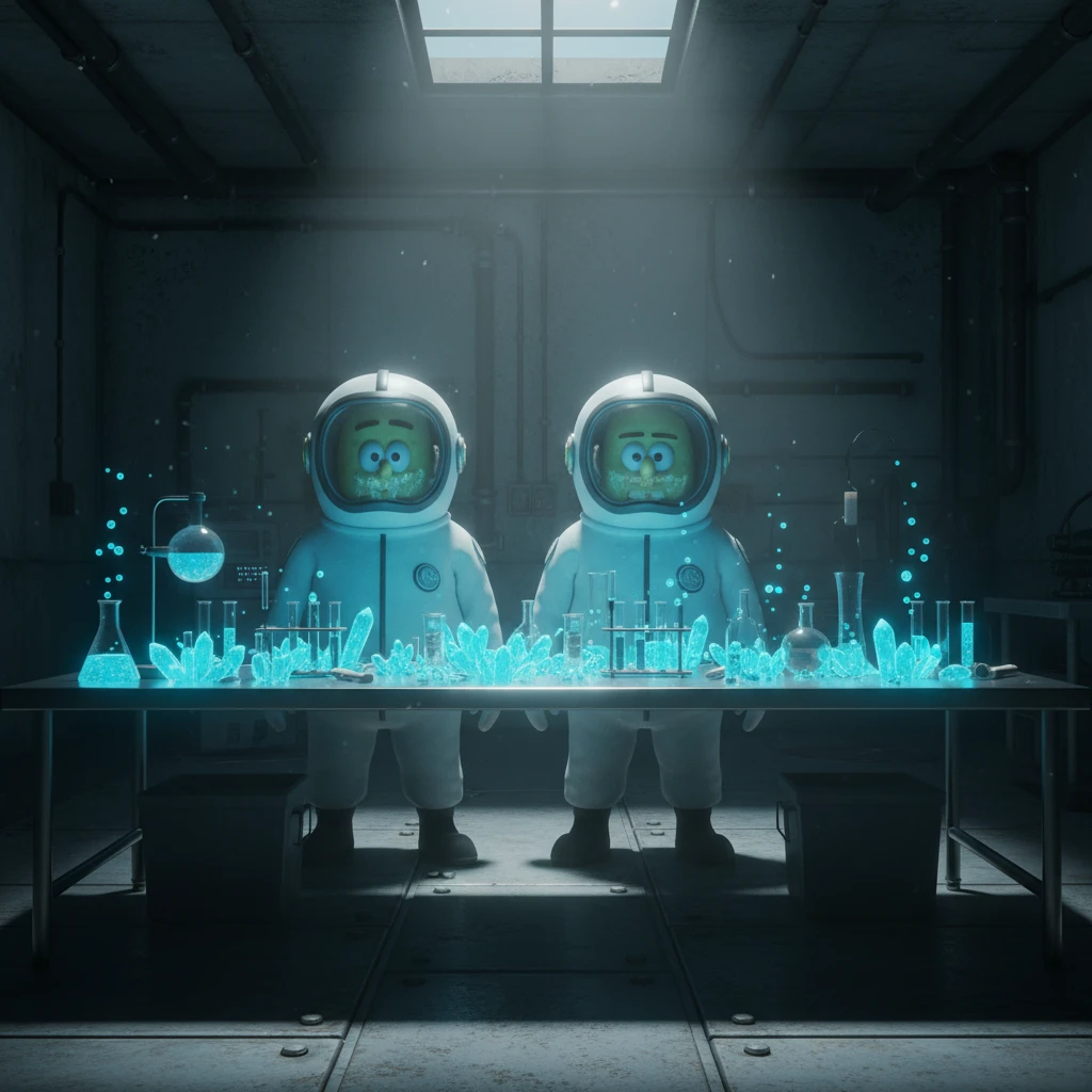 3D cienmatic cartoon shot, spongebob and patric dress in safety glasses and safe white outfit, the are standing front of table with blue crystals on table glowing (light source) science room in basement, back light, Cinema 4d render, proffesional lightning emoji