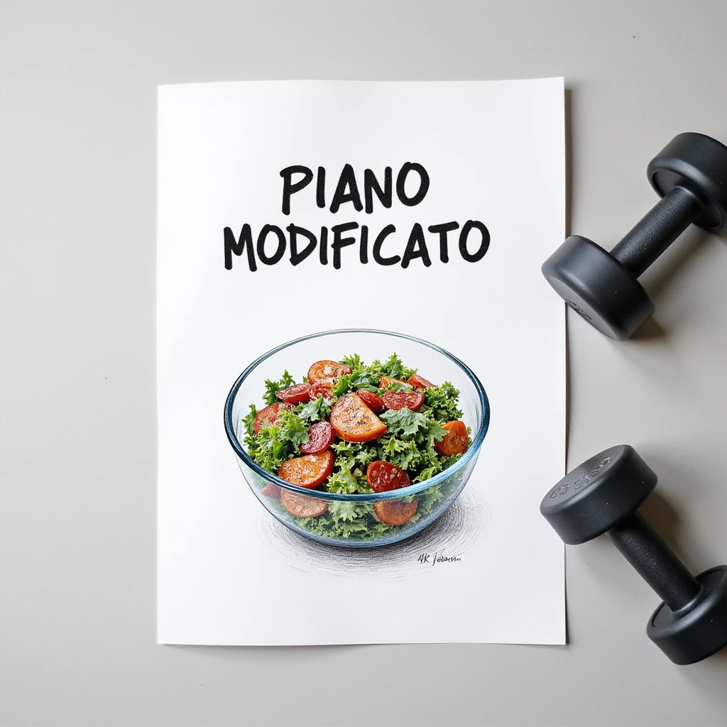 white sheet of paper with the text 'PIANO MODIFICATO', a hyperrealistic 4K drawing of a salad bowl and gym dumbbells, no background emoji