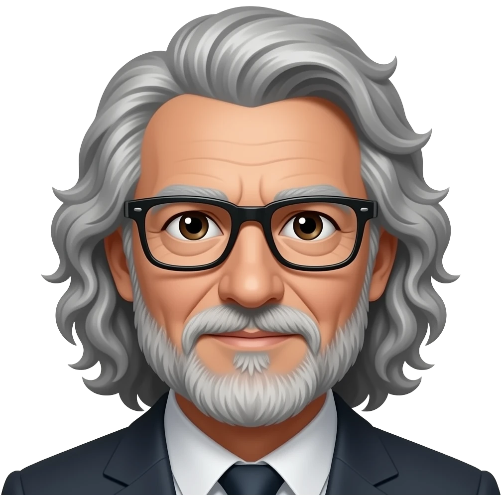 رمادي في اسود رمادي غامق  البشرة افتح من الأسمر  العيون مسحوبة حواجب سوداء رمادي بشره قمحيّة اللون وعمرة ستون عاما رجل شعره كيرلي رمادي طويل عيناه اسود كعيون الصقر يرتدي نظارة مستطيله سوداء  له لحية emoji