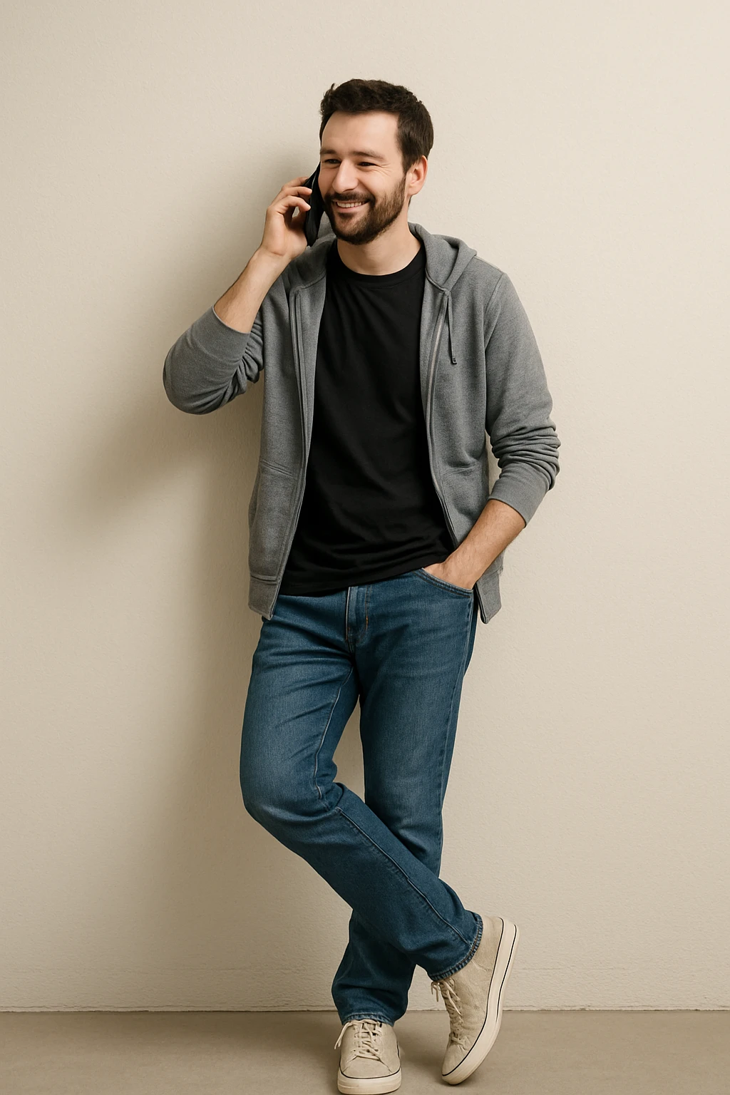 A man leaning against a wall, on the phone, tapping his foot, casual clothing, plain background. emoji