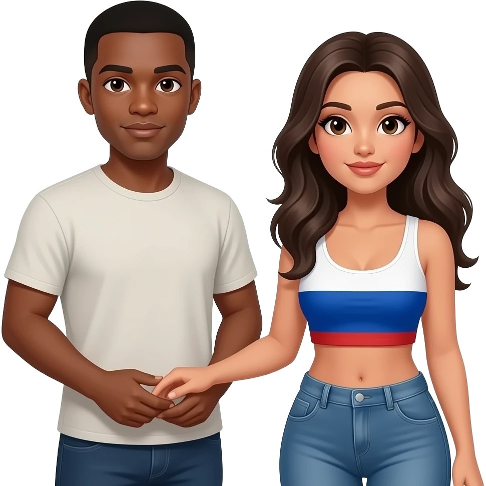 Black male with brown skin and short hair with a Columbian well built woman with look hair and pretty eyes. She has her hand on his crotch eyes. emoji
