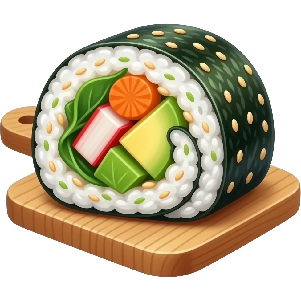 Korean gimbap, cinematic realistic, sliced roll, colorful fillings, sesame seeds, glossy seaweed, studio lighting, ultra detailed emoji