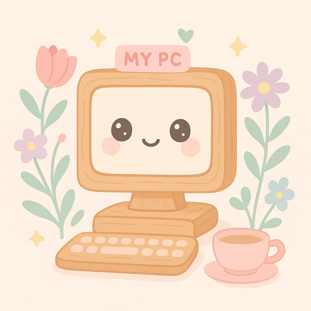 'My PC' icon in cottagecore style: old-fashioned wooden desktop computer surrounded by wildflowers, leaves, and a teacup, gentle sunlight, vintage pastoral vibe emoji