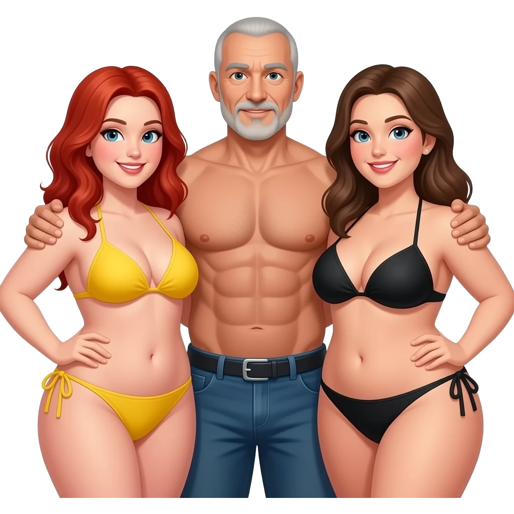 Handsome, bald,  muscular man with goatee, age 57,  standing with arms around 2 very full figured women in bikinis, redhead with yellow bikini and brunette black bikini with larger breasts emoji