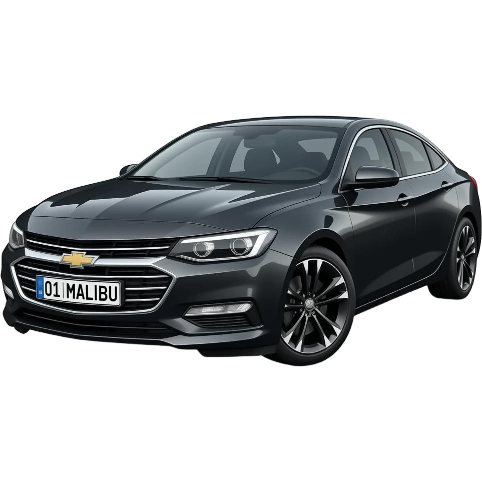 A realistic icon emoji of a metallic black sedan Chevrolet Malibu 2.0L Turbo Premier, Low-angle ground view looking up, dark charcoal tint windows, black alloy 5-spoke rims, Dynamic white glow LED headlights with glowing effect, uzbekistan region flag, number texts "01 | MALIBU" in plate emoji
