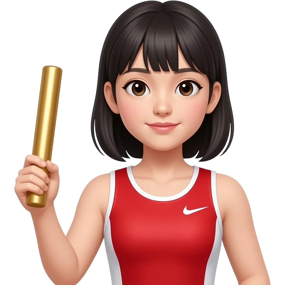 An Asian girl wearing a red track and field uniform with a baton in her left hand emoji