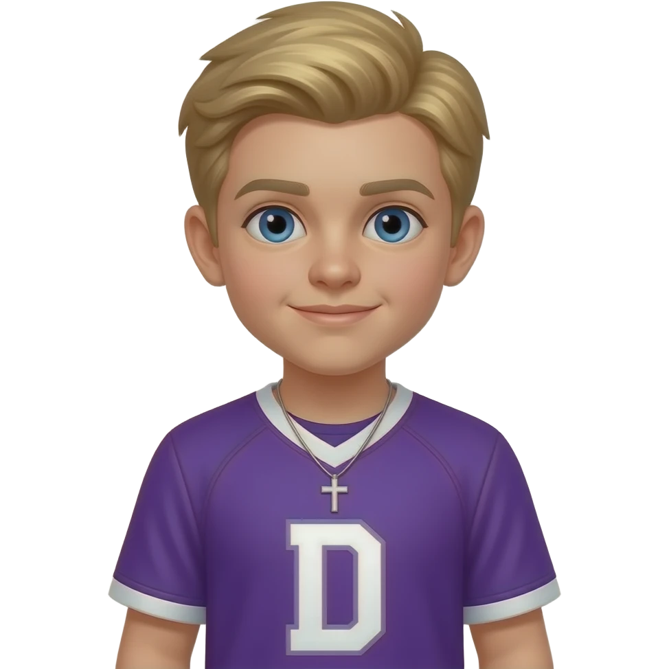 Create a blonde hair blue eyed boy in a purple jersey with a D on it and wearing a cross necklace emoji