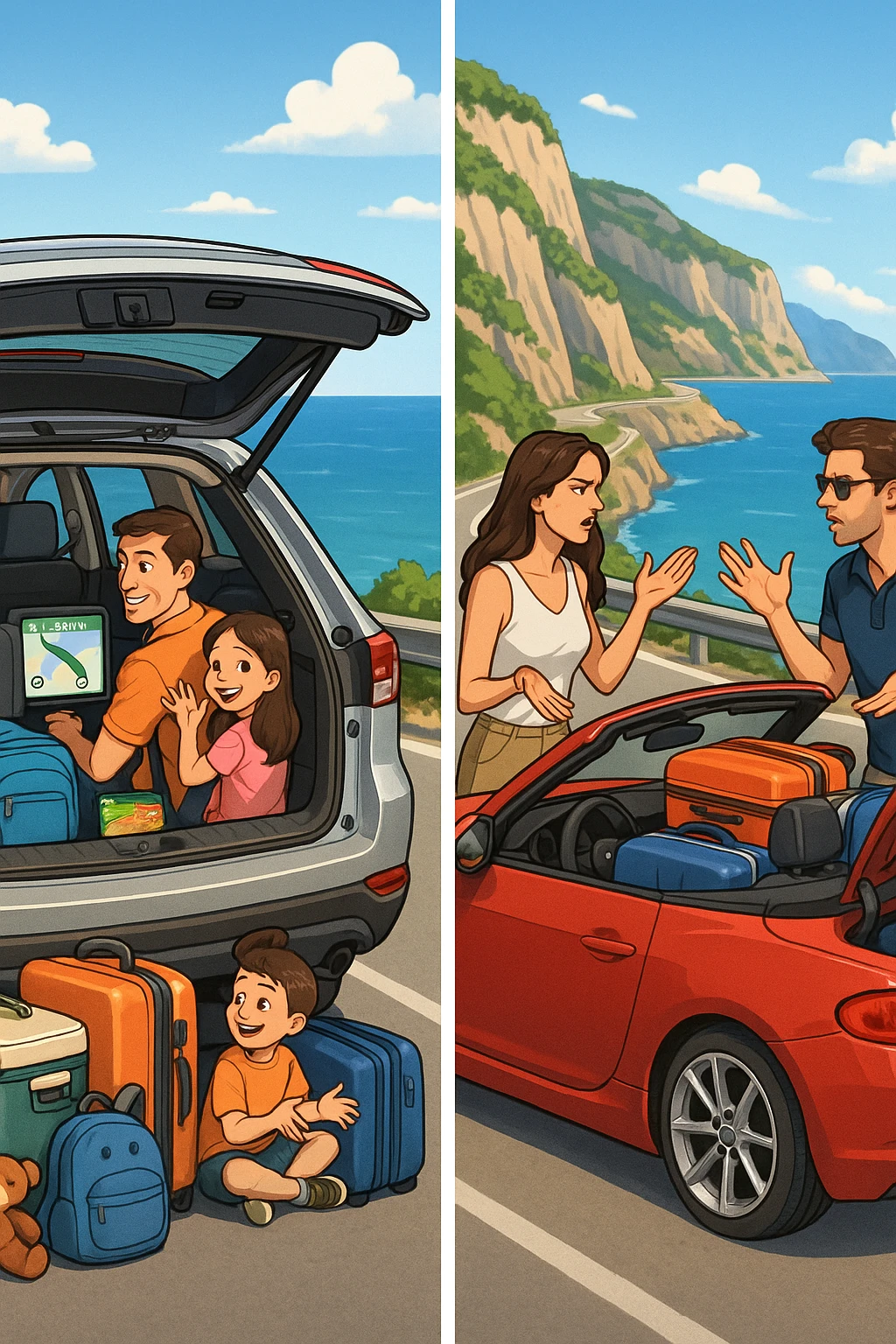 "Spacious family SUV loaded with luggage, snacks, entertainment for kids, GPS showing clear 300km route planned with rest stops, happy family ready for road trip; contrasted with impractical two-seater convertible with no storage space, couple arguing about what to leave behind, suitcases barely fitting, comfort vs style dilemma, Italian coastal highway background" emoji