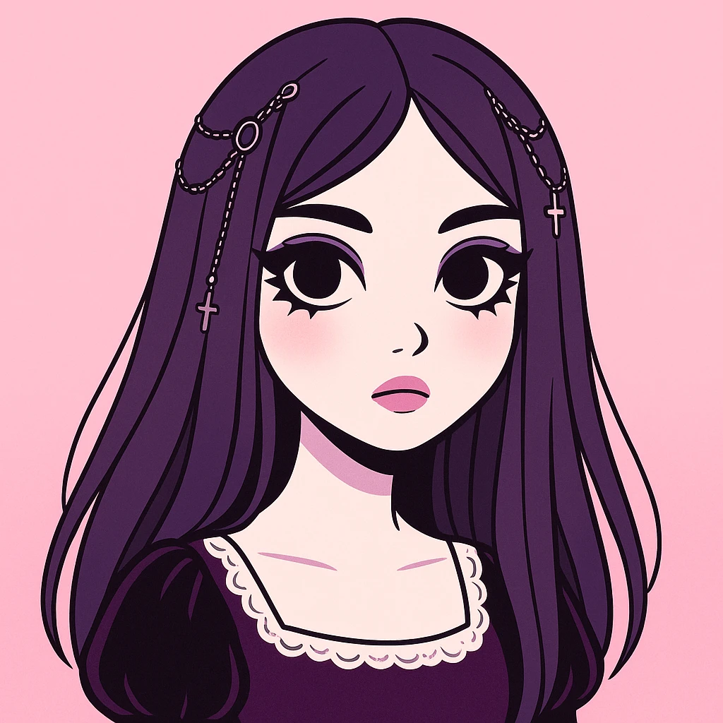 Make this pastel goth profile picture even more goth, keep it cute, expressive, and minimal, in the style of imagen-4-fast-KaUtLiSA10F. Enhance goth elements with pastel goth aesthetics, maintaining cuteness and expressiveness with minimalistic design. emoji