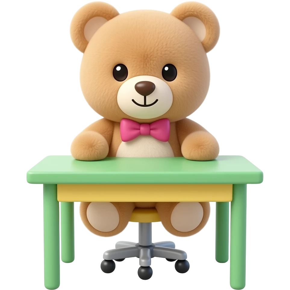 green and yellow desk full cute teddy bear plushie with soft texture, pastel colors, kawaii aesthetic, 3D renderinspired by Barbie colour palette emoji