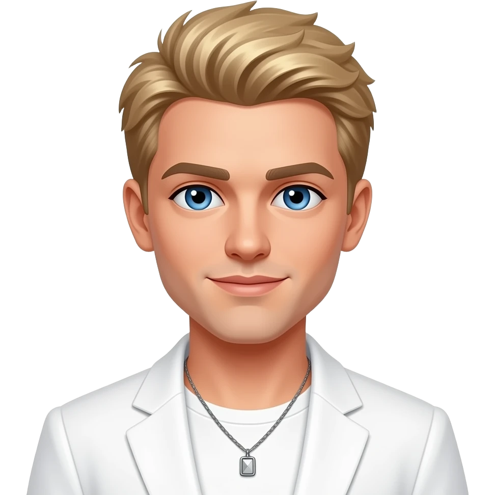 Nick Carter with blue eyes, blonde hair, white pop outfit, necklace emoji