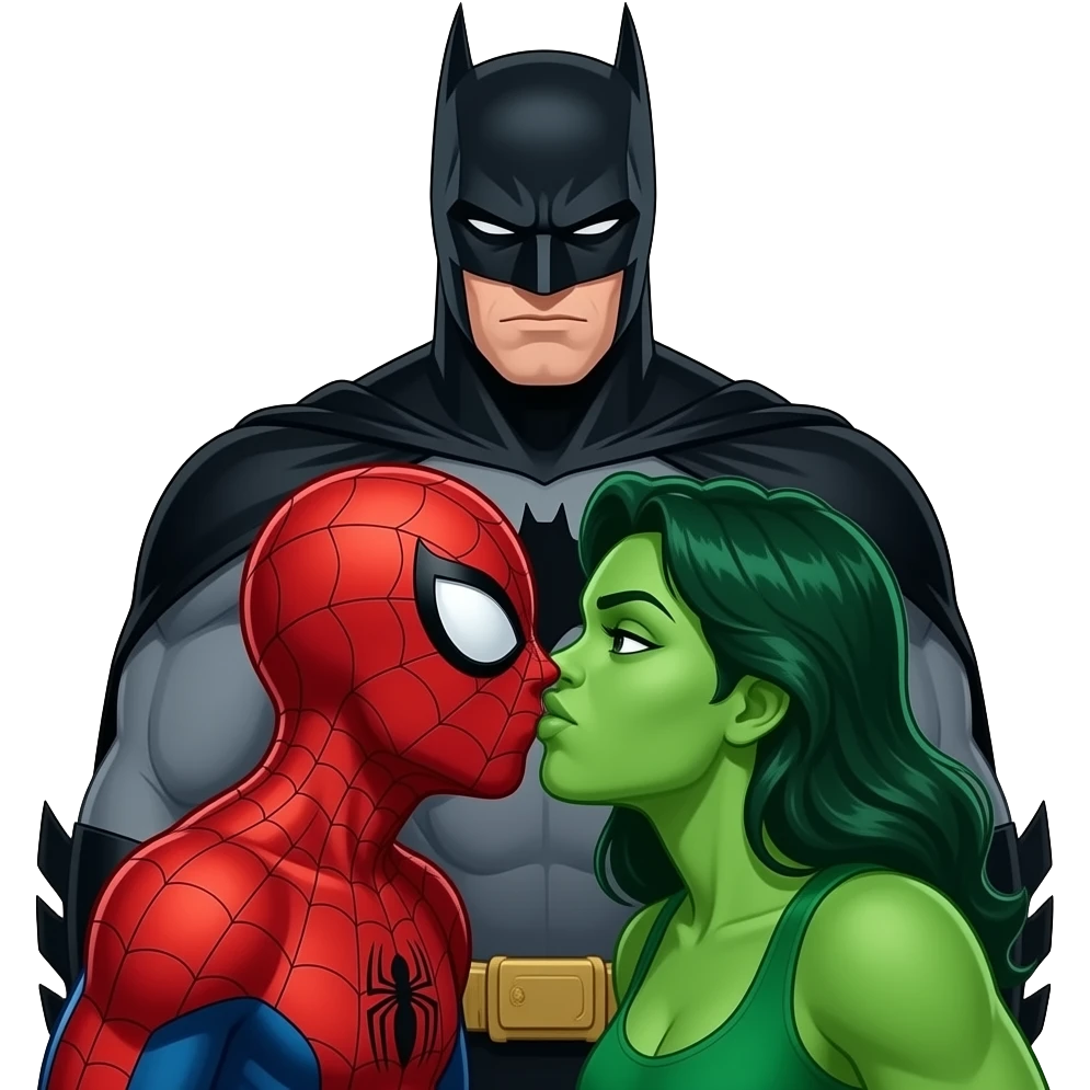Spider man and hulk woman kiss kiss creepy, batman behind her like a train . bust size view emoji