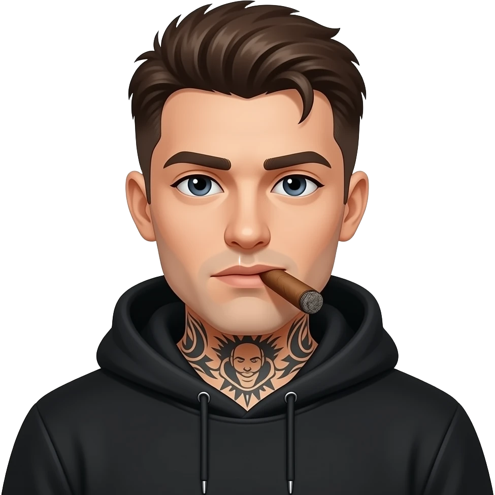 Face tattoos dark brown hair no neck tattoos wearing a black hoodie smoking a cigar emoji