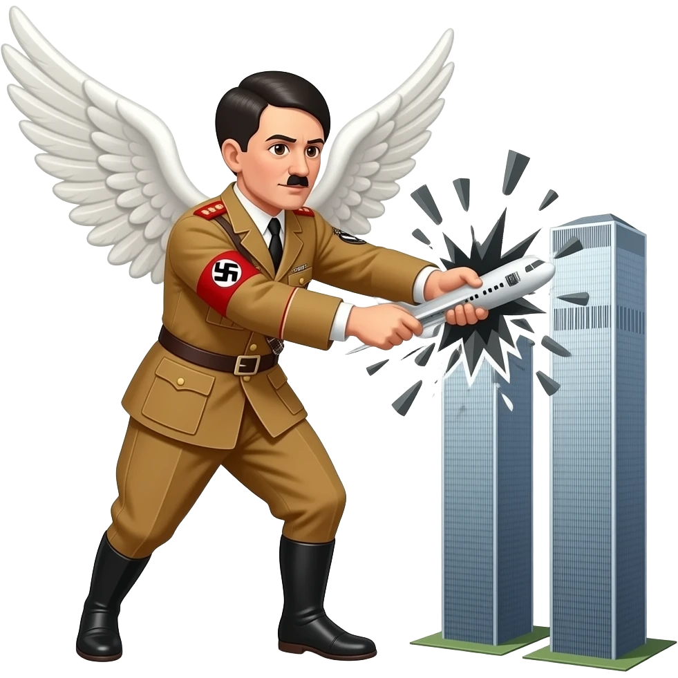 Hitler as an angel, holding a plane in his hands, smashing it into the Twin Towers in New York on 9/11 emoji