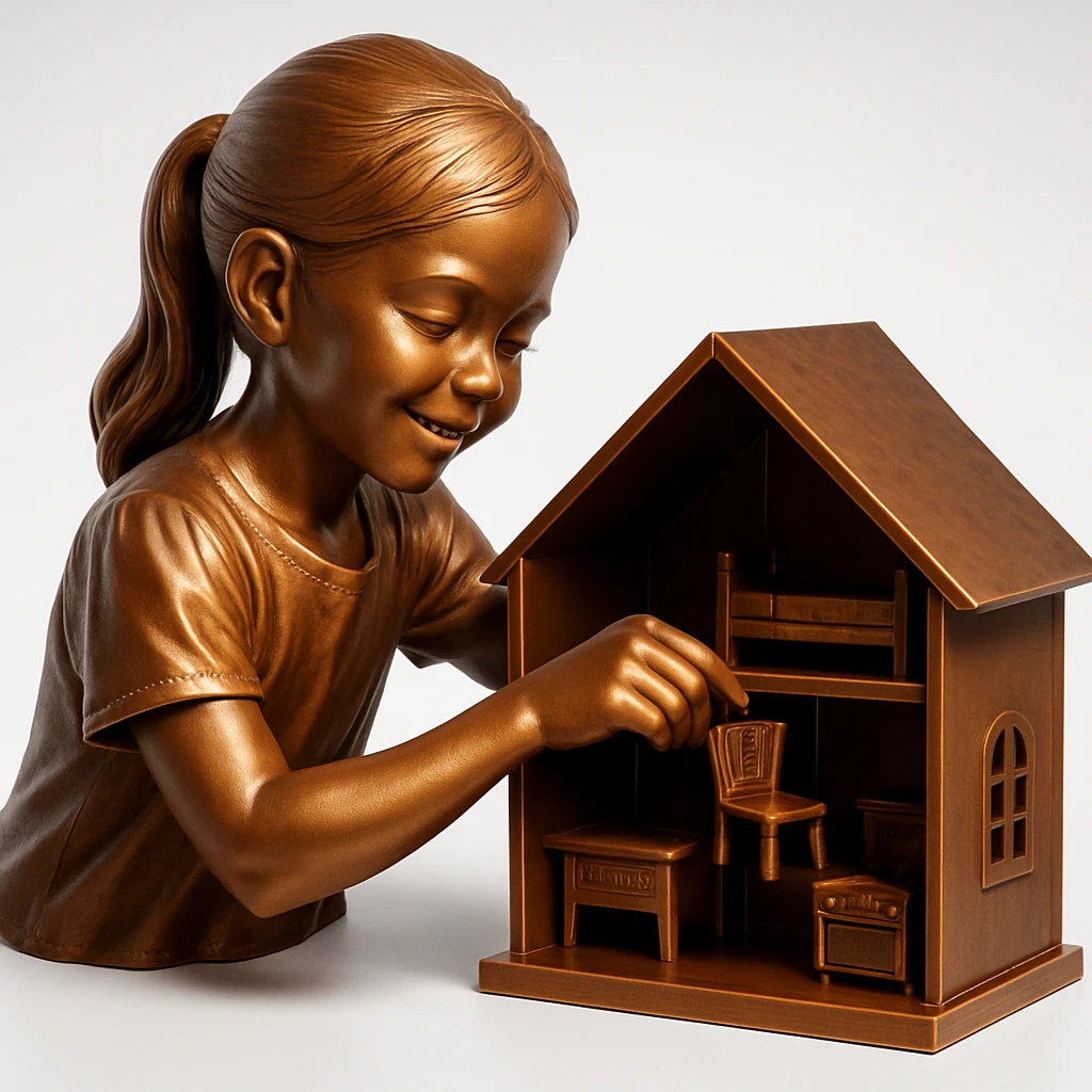 smiling girl arranging furniture in doll house emoji