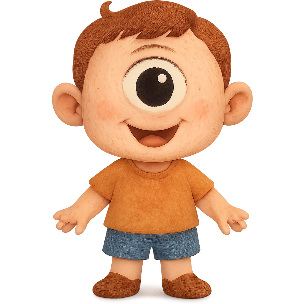 Cyclops, childlike, soft features, big eye, smiling emoji