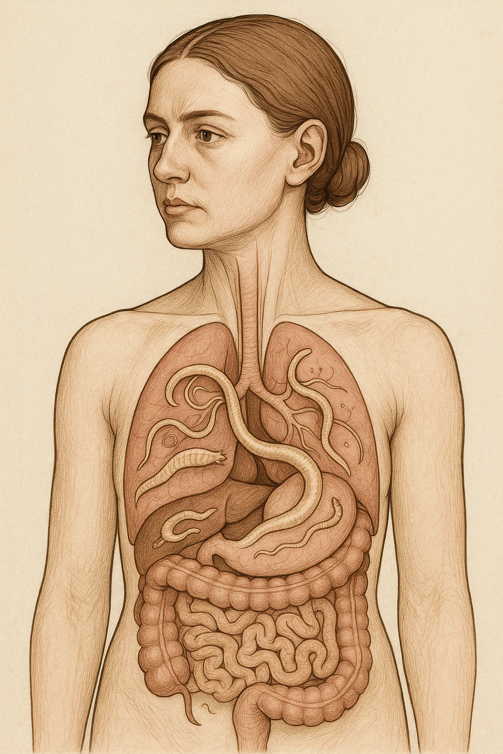 Donna con parassiti nel corpo che è la principale causa di tutte le malattie del corpo umano in italiano realistica emoji