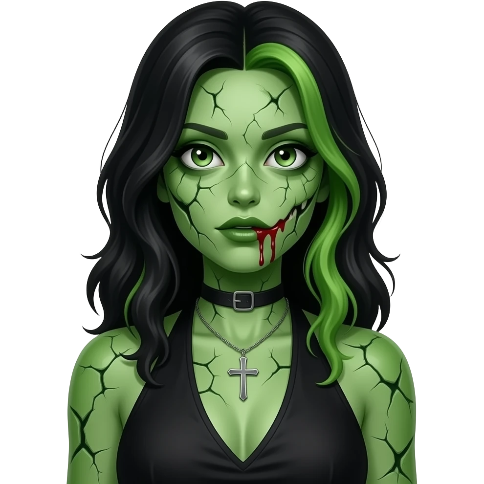 Faz uma mulher de cabelos longos e longos pretos com mecha verdes, com a pele verde estilo zumbi rachando e um colar de uma cruz, e uma blusa de alcinha preta olhos grandes, derretendo sangue emoji