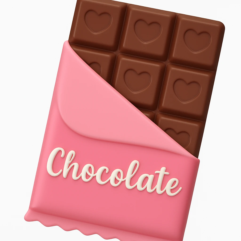 3D iOS style emoji of a chocolate bar with a pink wrapper. emoji