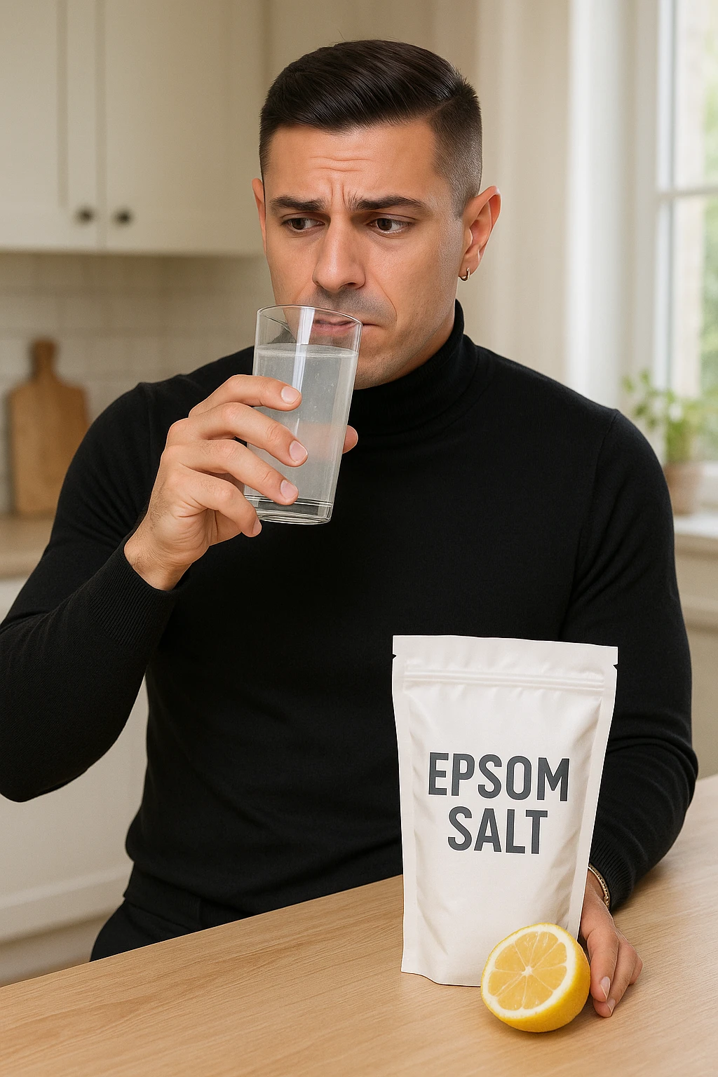 A realistic, bright photo-style image of a young man in his 30s standing in his kitchen, holding a clear glass filled with water in which Epsom salt (magnesium sulfate) has been dissolved. He looks focused but slightly uncertain as he prepares to drink it for a liver flush or digestive cleanse. The glass shows slight cloudiness from the dissolved salt. On the counter are a packet labeled 'Epsom Salt' and a sliced lemon, suggesting he might use it to mask the taste. The setting is clean, natural, and bright with neutral tones. The background shows sunlight streaming through a window, emphasizing a clean, minimalist health-focused environment. The mood conveys a realistic, calm moment of self-care with a hint of discomfort, illustrating a natural detox practice emoji