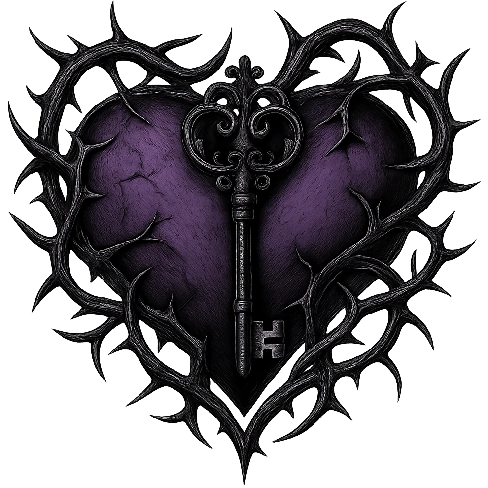 romantic goth heart with intertwined thorns and a key, gothic style, black and purple, detailed emoji