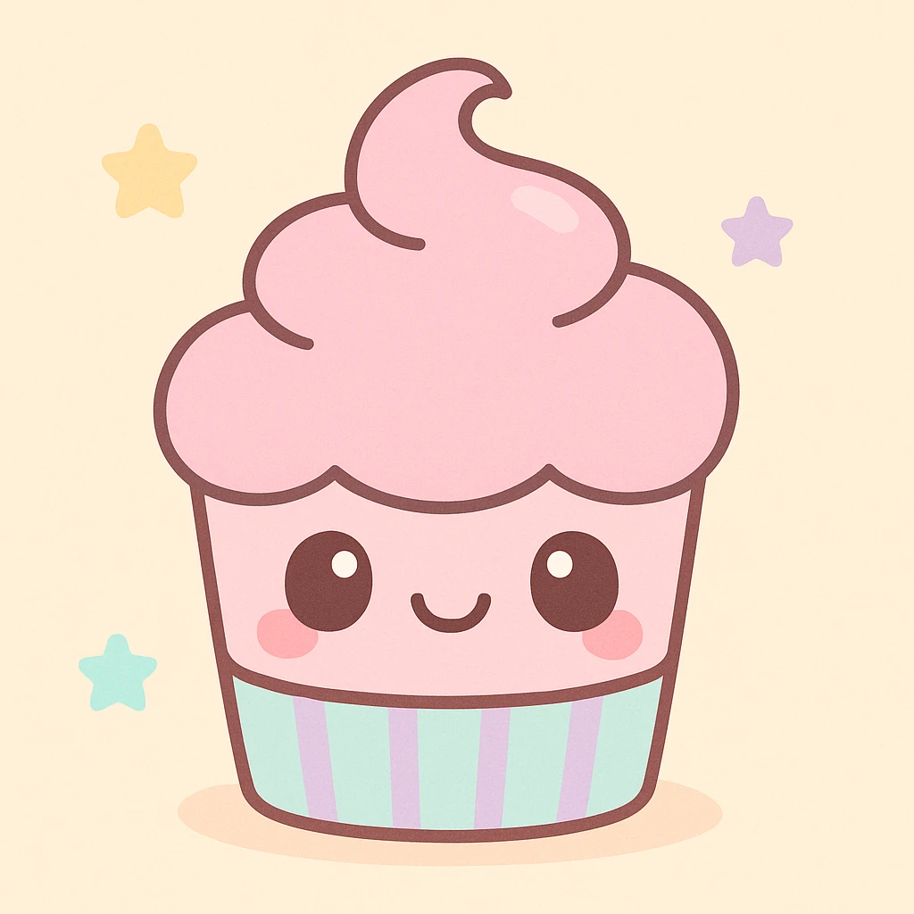 cute cupcake with pink icing, kawaii style, adorable, pastel colors, big eyes emoji