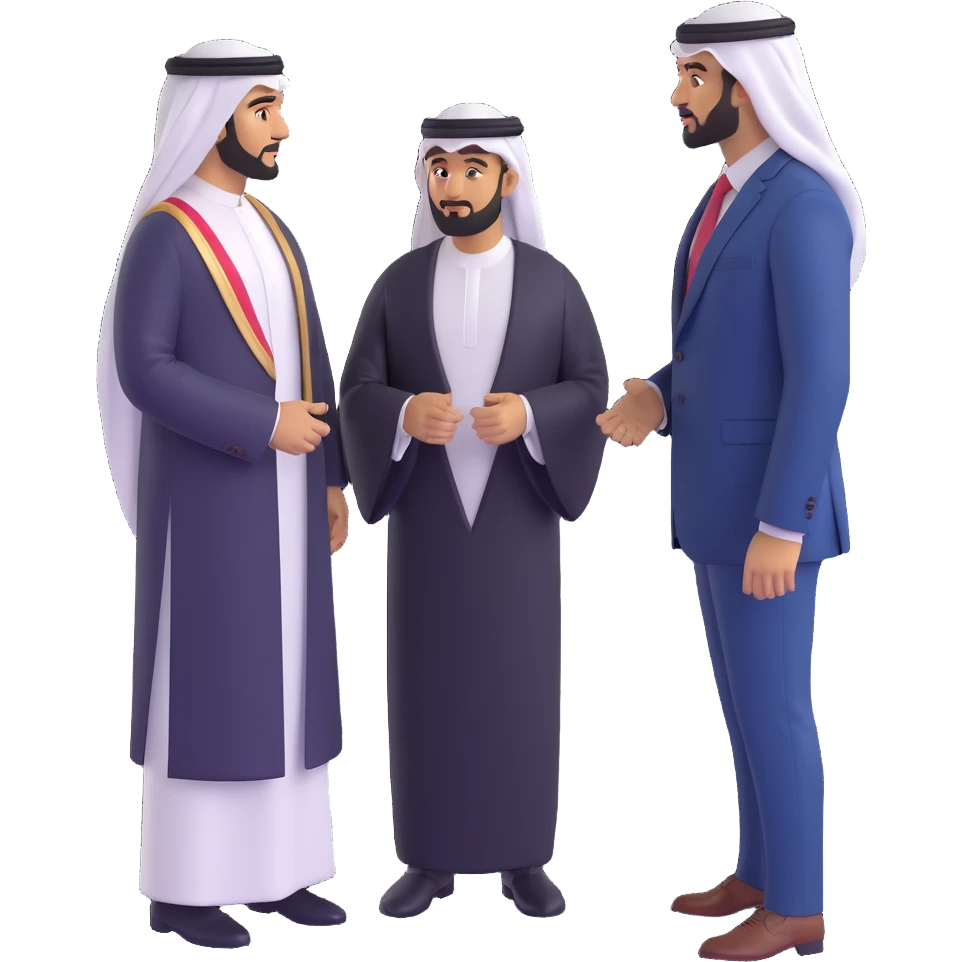 UAE sheikh in traditional clothes standing and talking with a USA businessman in a suit emoji