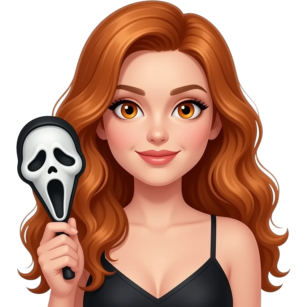 sexy girl with long wavy ginger hair and ginger eyes is holding a GHOSTFACE is HOT sign emoji