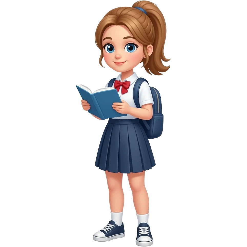 Female student, light Brown hair in a Pony tail, Blue eyes, studying emoji