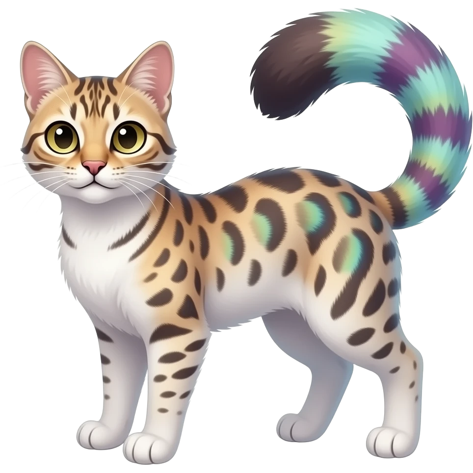 White soft silky smooth vernid-Civet-Genet-Bengal-Cat-Bobcat-Caracal-Serval-animal-hybrid-mix fantasy creature LiLaiRa Kamirah Falvie whiskers paws full body with colorful gradient iridescent patterns fur markings and with a long thin tufted tail feline emoji