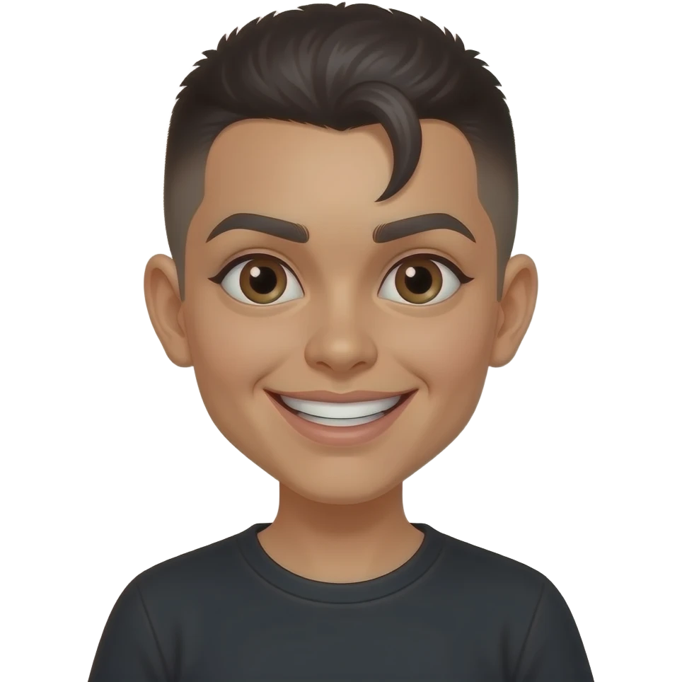 Mexican girl with a buzzcut light brown eyes and a creepy wide smile and also a black shirt with one strand of hair in the middle of her head hanging up emoji