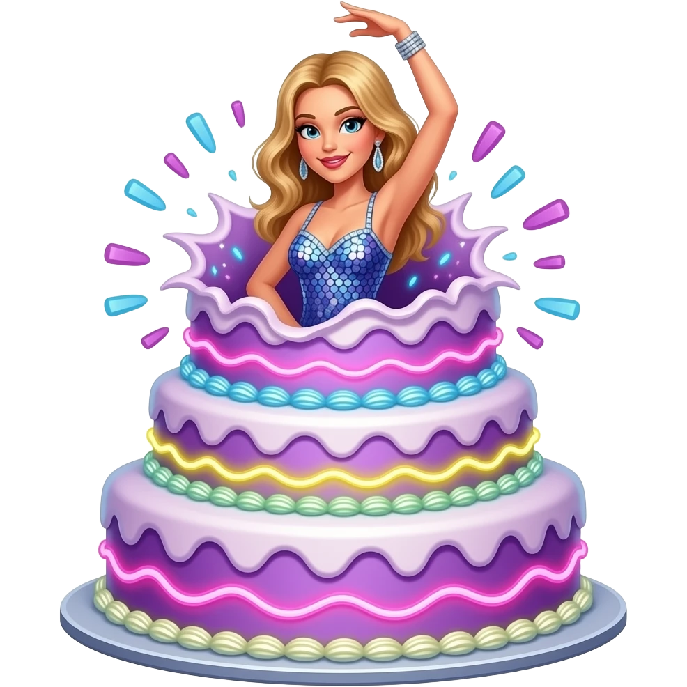 las vegas dancing girl bursting out of the top of a layer cake in a sequinned dress emoji