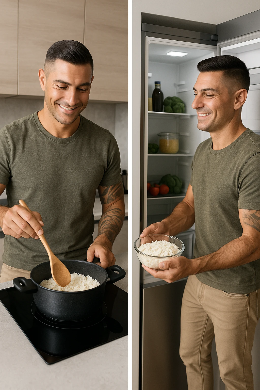 Uomo che cucina riso e mette la ciotola poi nel frigo emoji