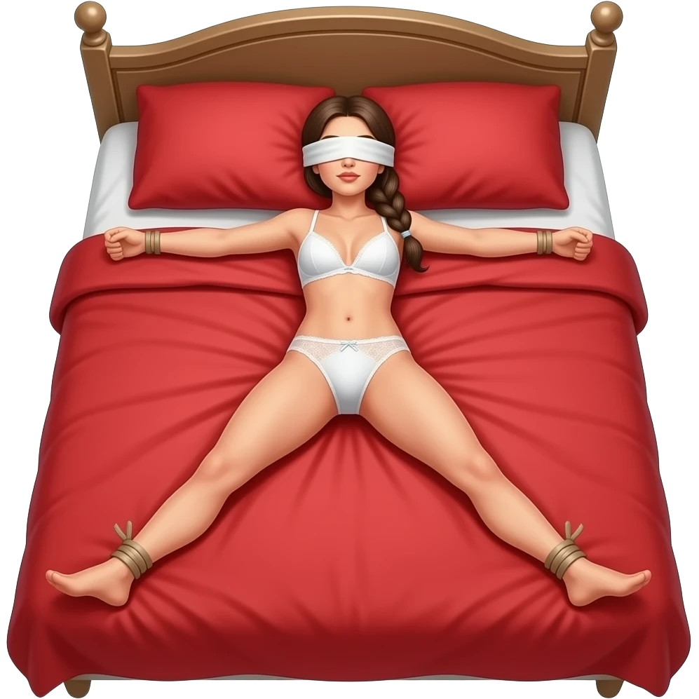 woman in blinfold, in lacy white underwear, braided ponytail, laying face down, arms and laegs tied apart, on red bed emoji