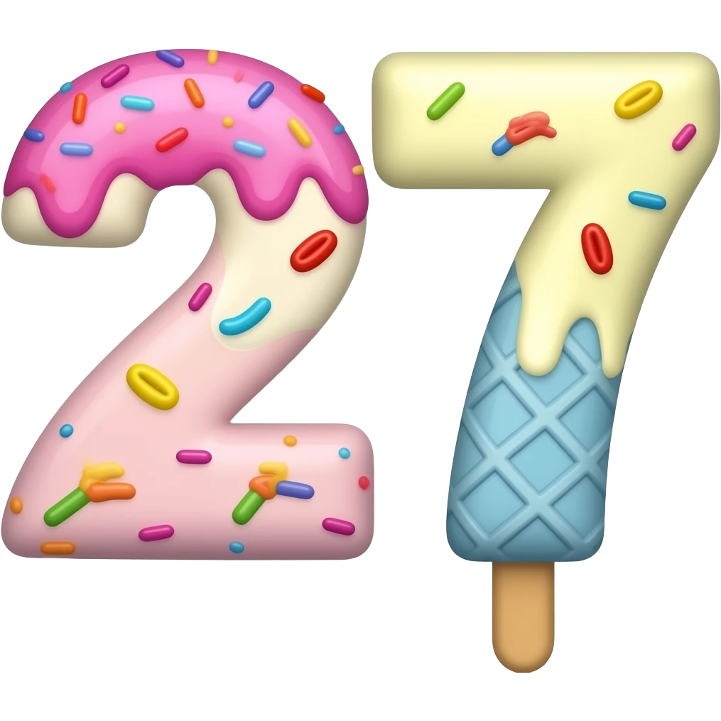 ice cream shaped number 27, 3D cartoon, colorful, white background emoji