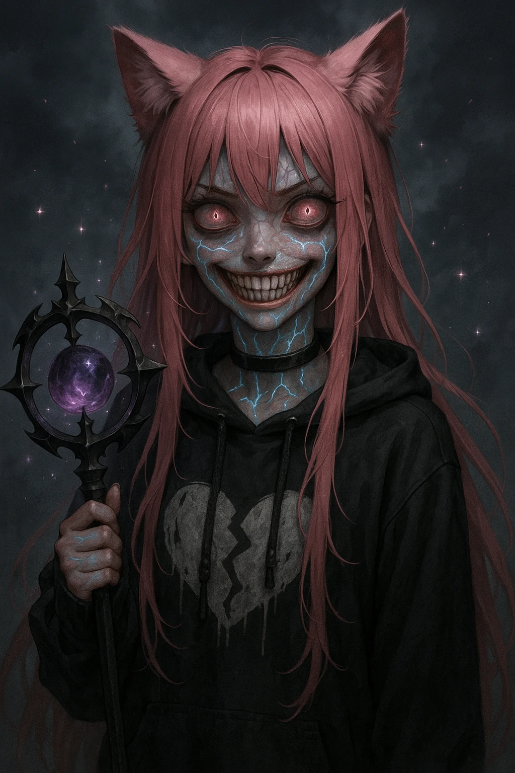 realistic anime catgirl with pink hair, emo streetwear, heart tattoo under left eye, dark magical accessory, sparkles, stormy background, possessed horror look with distorted features, glowing veins, unnatural smile emoji