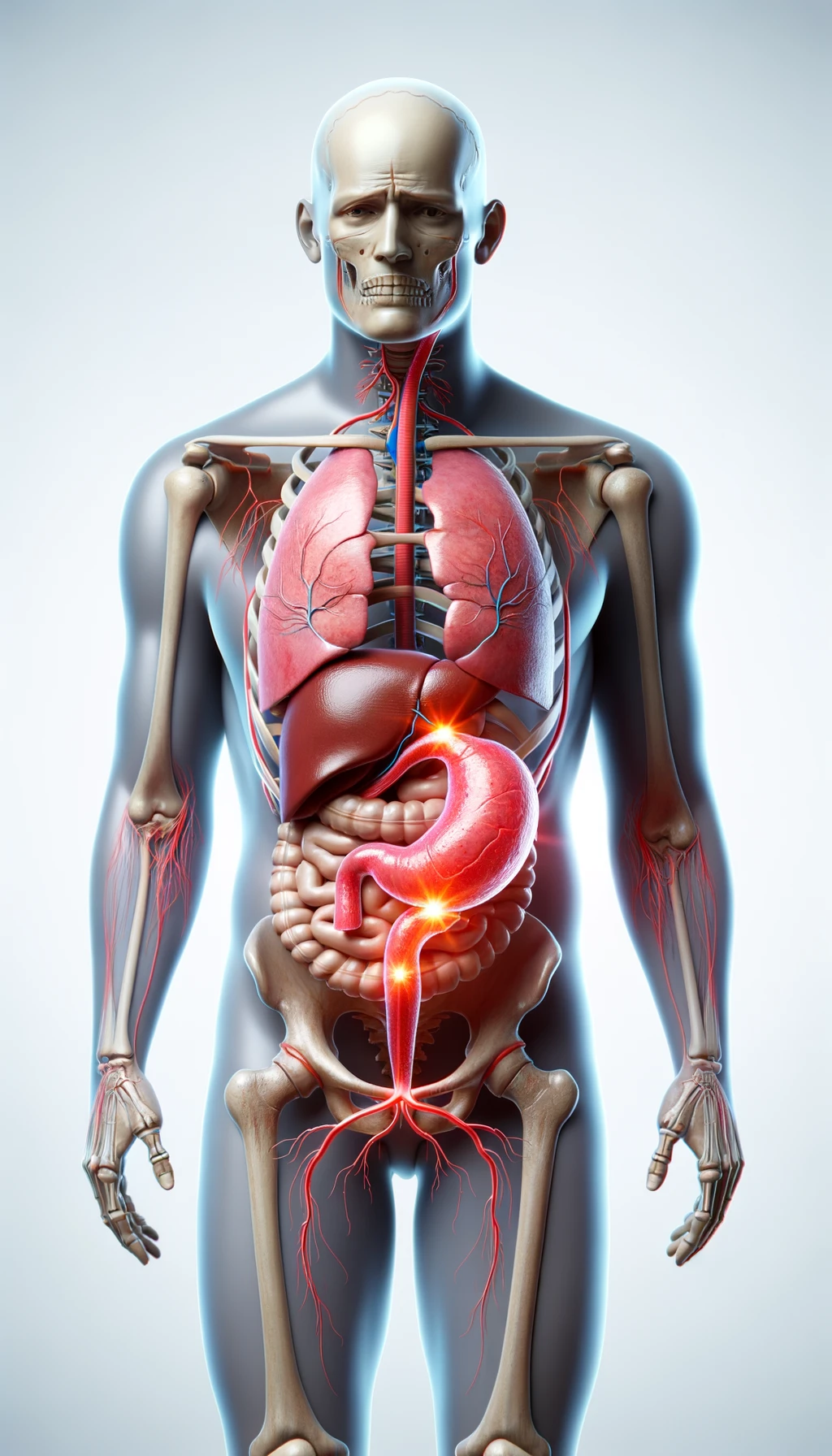 cistifellea umana anatomica realistica e intestino sono collegati nel dolore, sfondo chiaro emoji