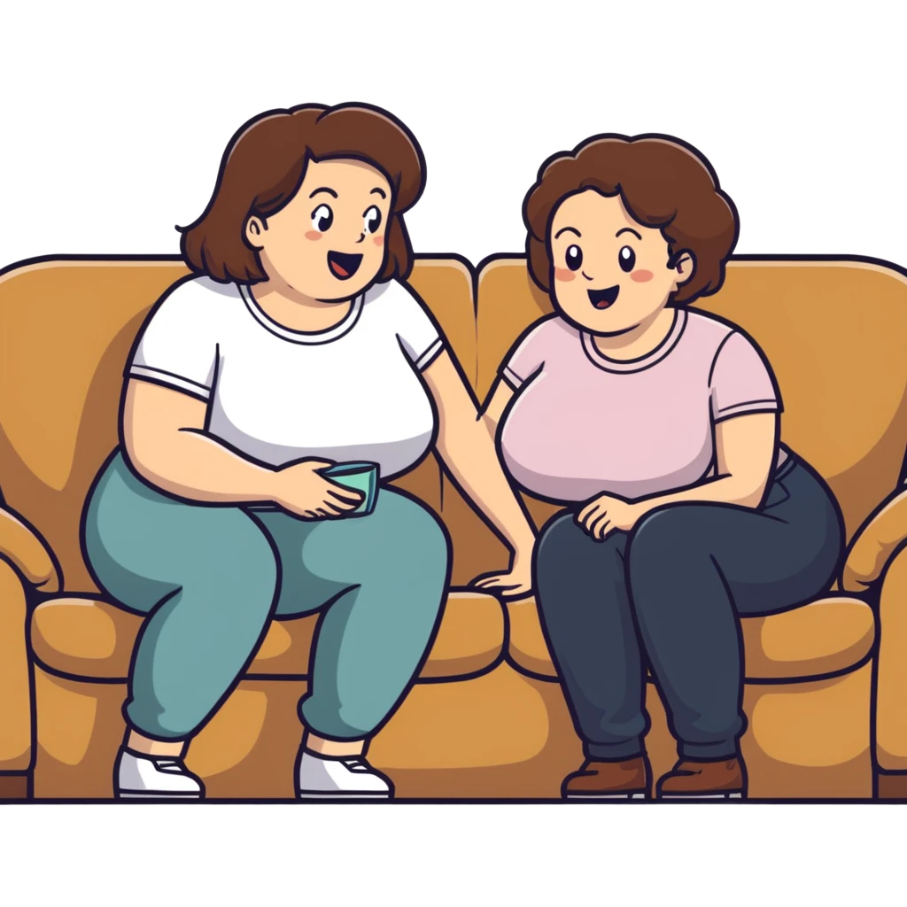 One Caucasian woman with brown hair big boobs wearing pants sitting on a couch with a bald man. She is looking down shocked. He is smiling. emoji