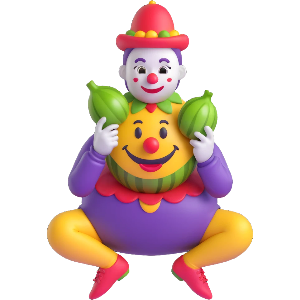 Clown holding an eggplant between his legs in 3D emoji style, maintaining transparent background. emoji
